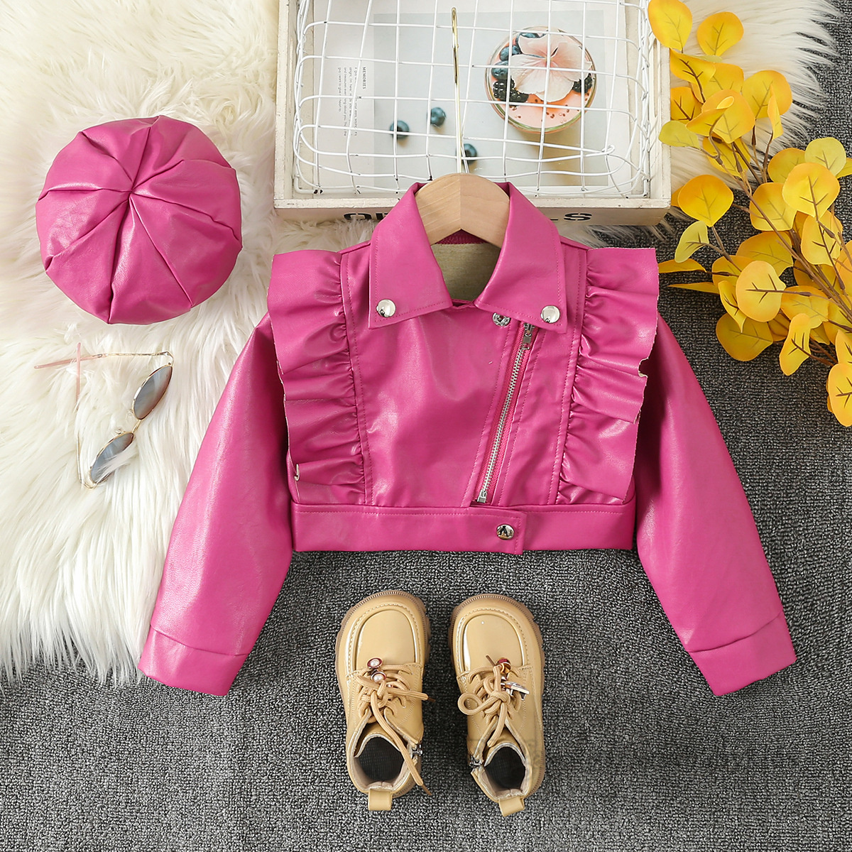 2024 Spring girls PU leather jacket kids lapel falbala fly sleeve locomotive outwear fashion children all-matching clothing Z6477