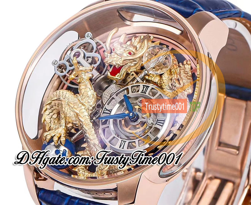 RMF AT120.40.DR Astronomia Tourbillon Механические мужские часы в корпусе из розового золота с 3D-артом с золотым циферблатом в виде дракона, кожаный ремешок из кожи аллигатора, Super Edition Наручные часы Trustytime001