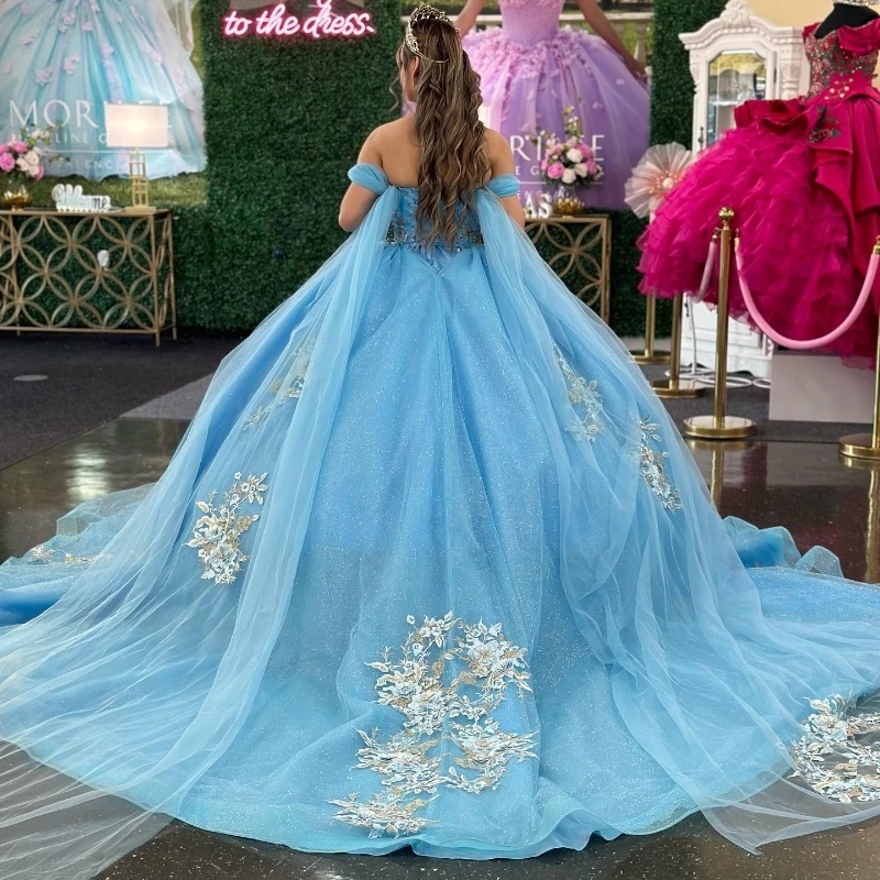 Sky Blue Shiny Sweetheart Quinceanera Dress 2024 Ball Gown With Cape Appliques Lace Beading Princess Party Gown Vestidos 15 De