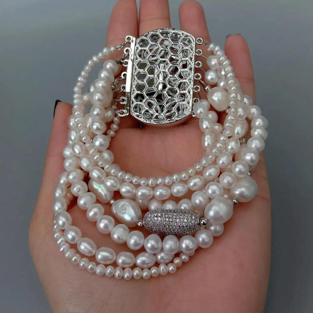 ブレスレットY.ing 7列天然淡水真珠色の白い色マルチレイヤーチャームブレスレットオリジナルデザインジュエリー