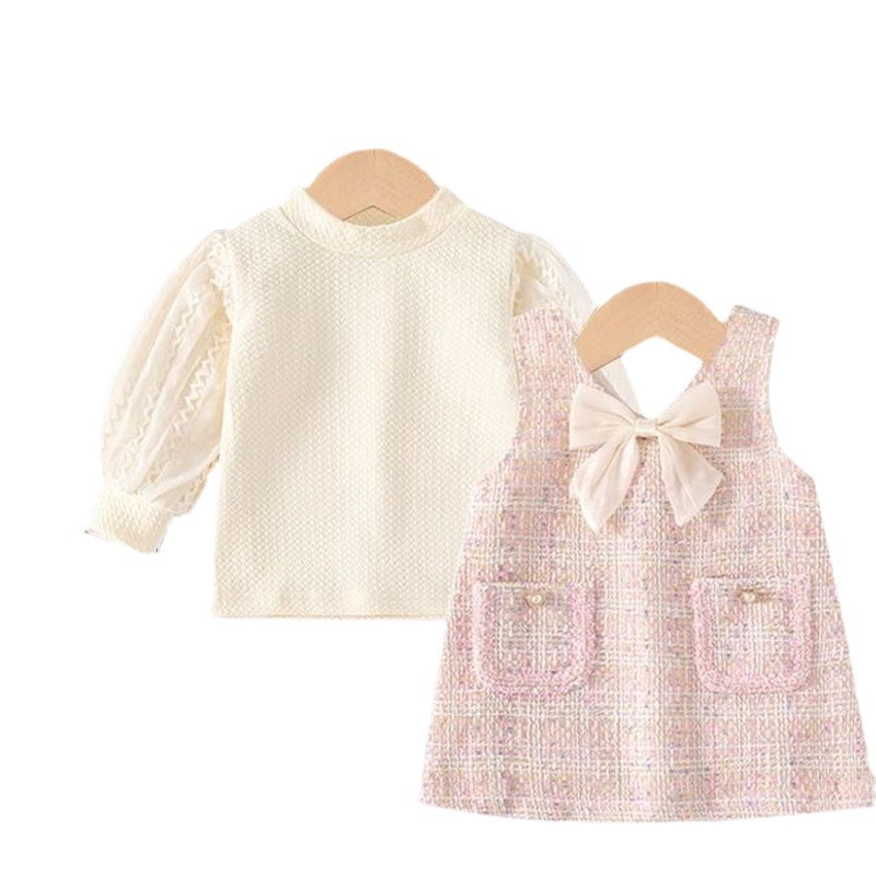 Комплекты детской одежды в женском стиле для девочек, рубашка с пышными рукавами и шерстяным жилетом с бантами, платье 2024, весенние детские наряды принцессы Z6495