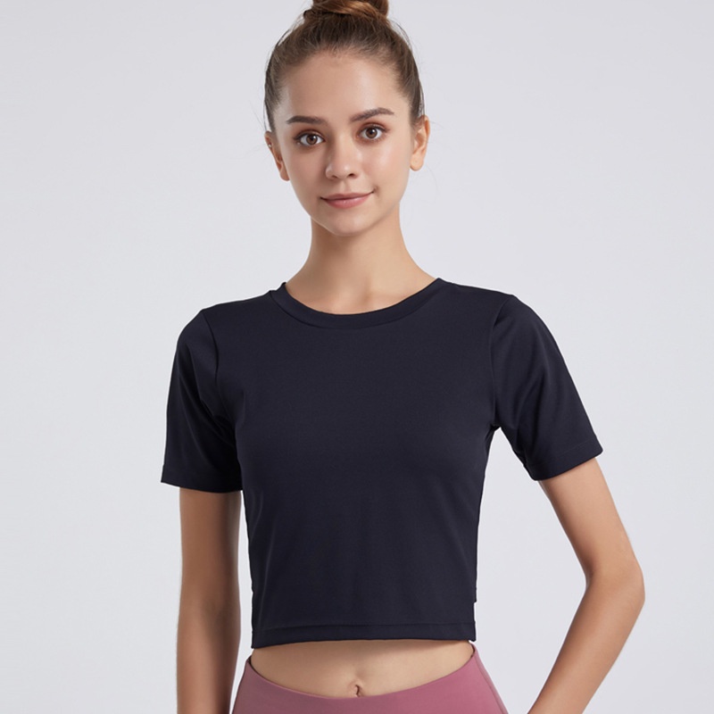 ll T-Shirt à manches courtes pour femmes, haut de sport européen et américain, couleur chair, élastique, fin, dos croisé, Yoga, Fitness