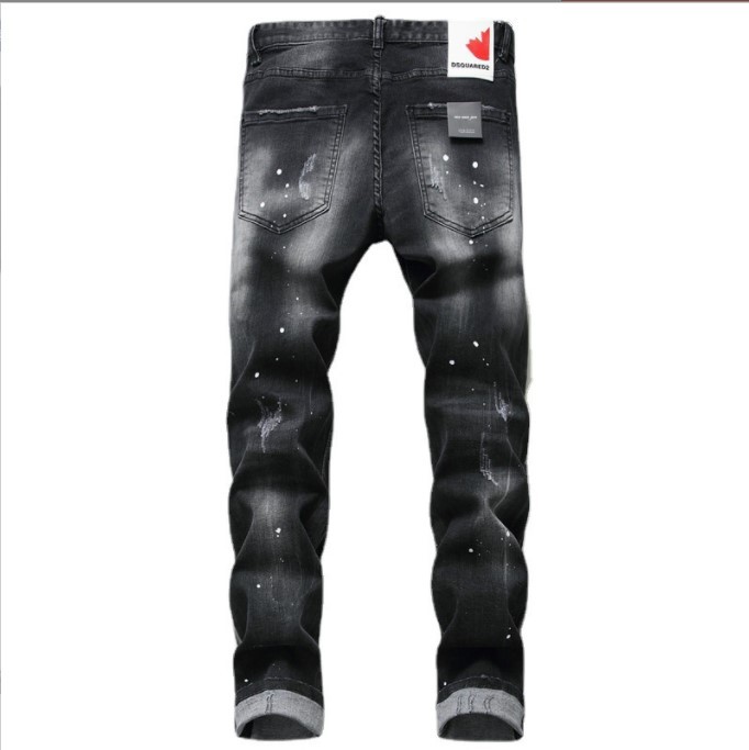 2023 Уличная мода, мужские джинсовые брюки с принтом, изношенные вручную, узкие брюки со средней талией, окрашенные дыры, дикая молния, украшенная индивидуальностью, новые мужские джинсы