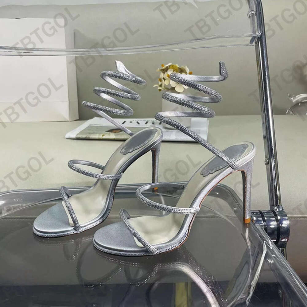 Rene Caovilla Heel Kırmızı Rhinestone Snake Strass Stiletto Sandalet Akşam Ayakkabı Kadın Yüksek Topuklu Ayak Bileği Sargısı Lüks Tasarımcı Fabrika Ayakkabı ile Kutu 508