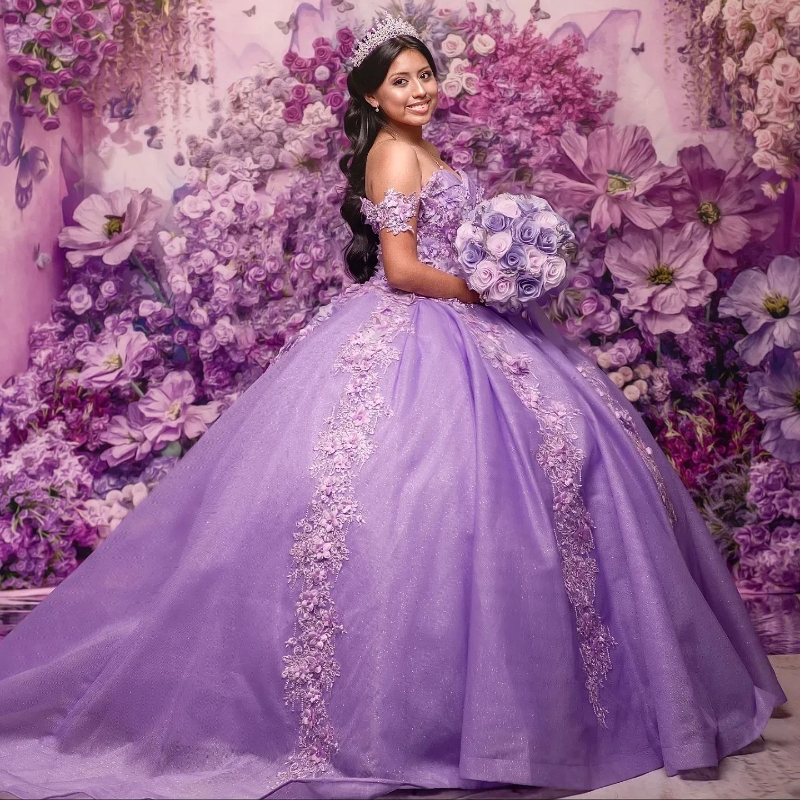 Lavender 2024 Quinceanera Dresses Sequined 3D Floral Off The Shoulder Exposed Boning Girls Birthday Party Prom Gowns Princess 15 16