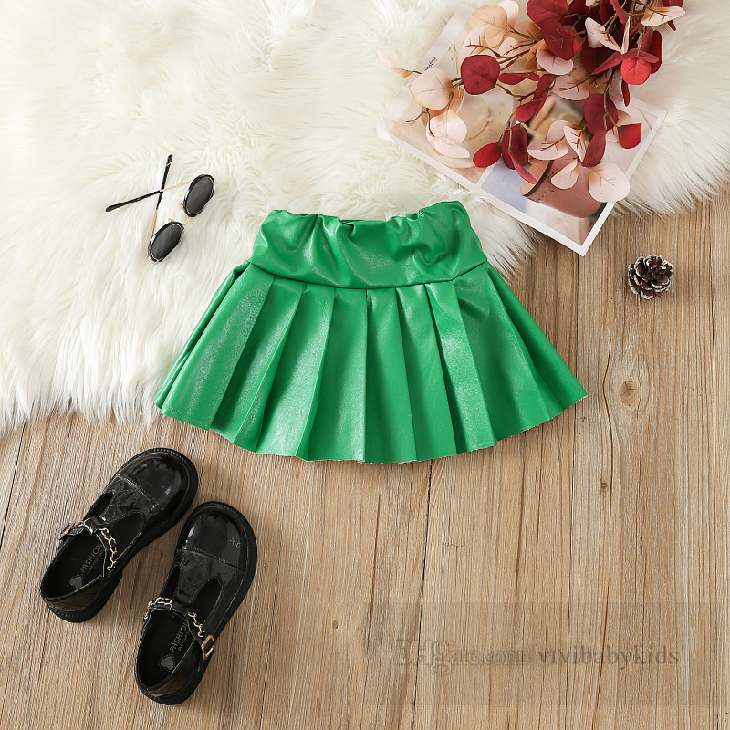 Fashion Girls PU leather pleated skirt kids high waist princess skirts 2024 Spring children all-matching clothes Z6482