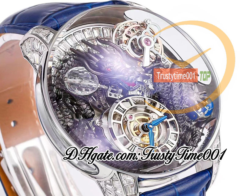 RMF AT112.31.DR Astronomia Tourbillon Meens Mens Watch Iced Out Baguette Diamonds 3D Art Black Dragon Dial Leather Edition Super TrustyTime001 Wwatches