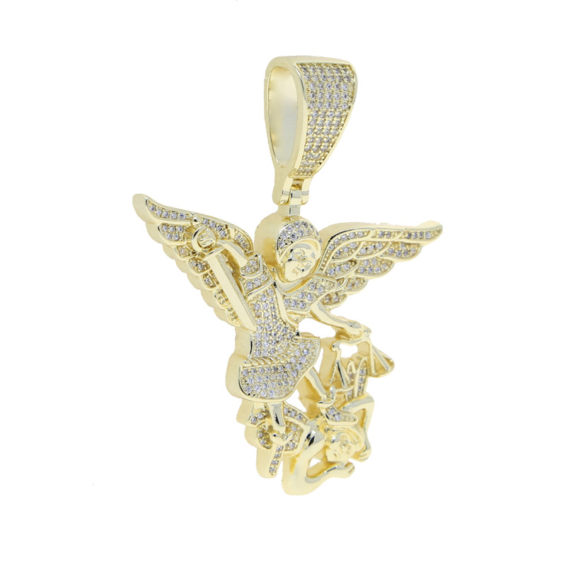 Hip Hop Battle Angel Pendant Necklace Full 5A Zircon 18K Real Gold Plated Cool Men smycken