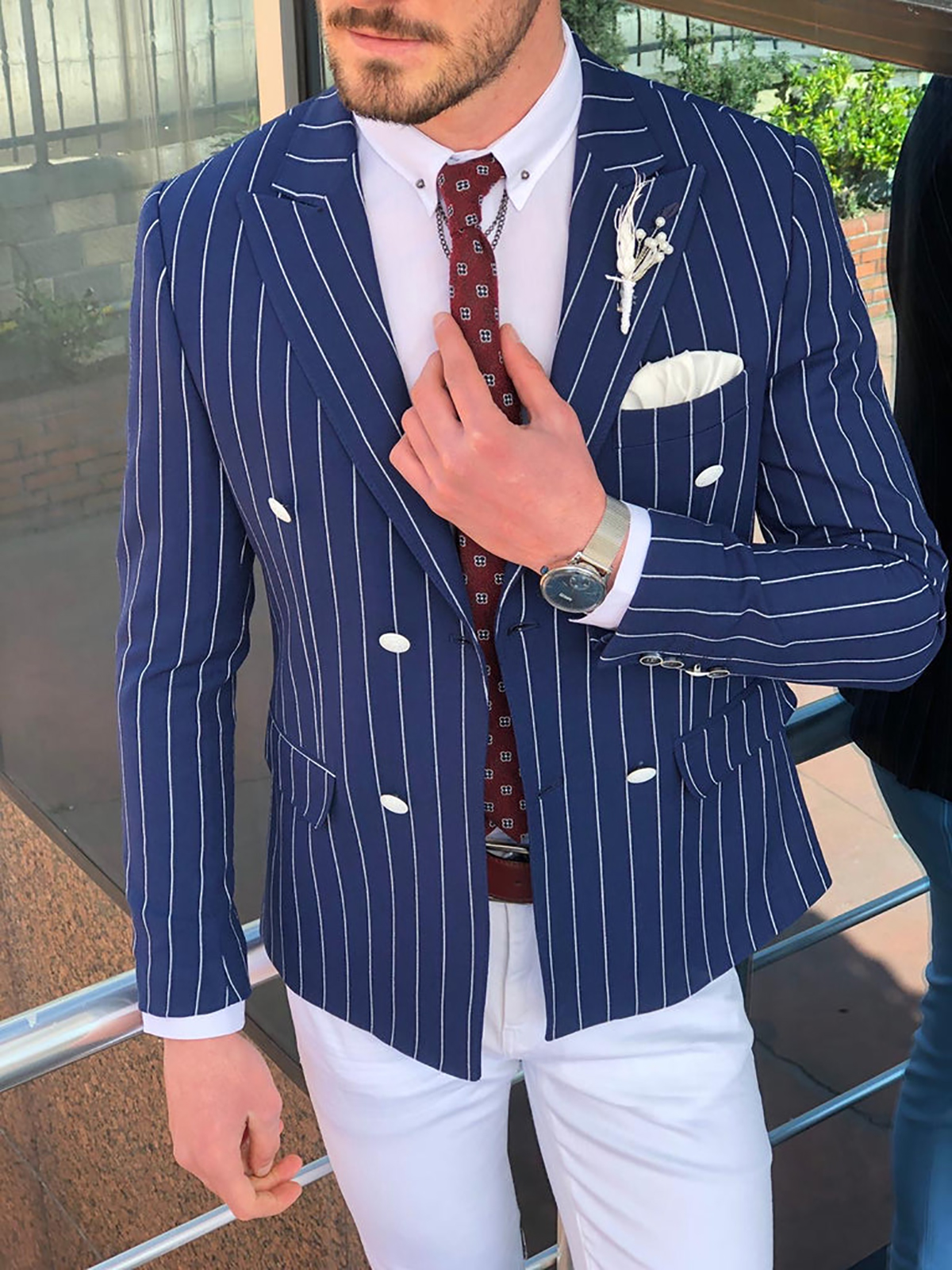 Men's Blue Striped Jacket Slim Fit Double Breasted Business Groom Party Formal Wear One Piece