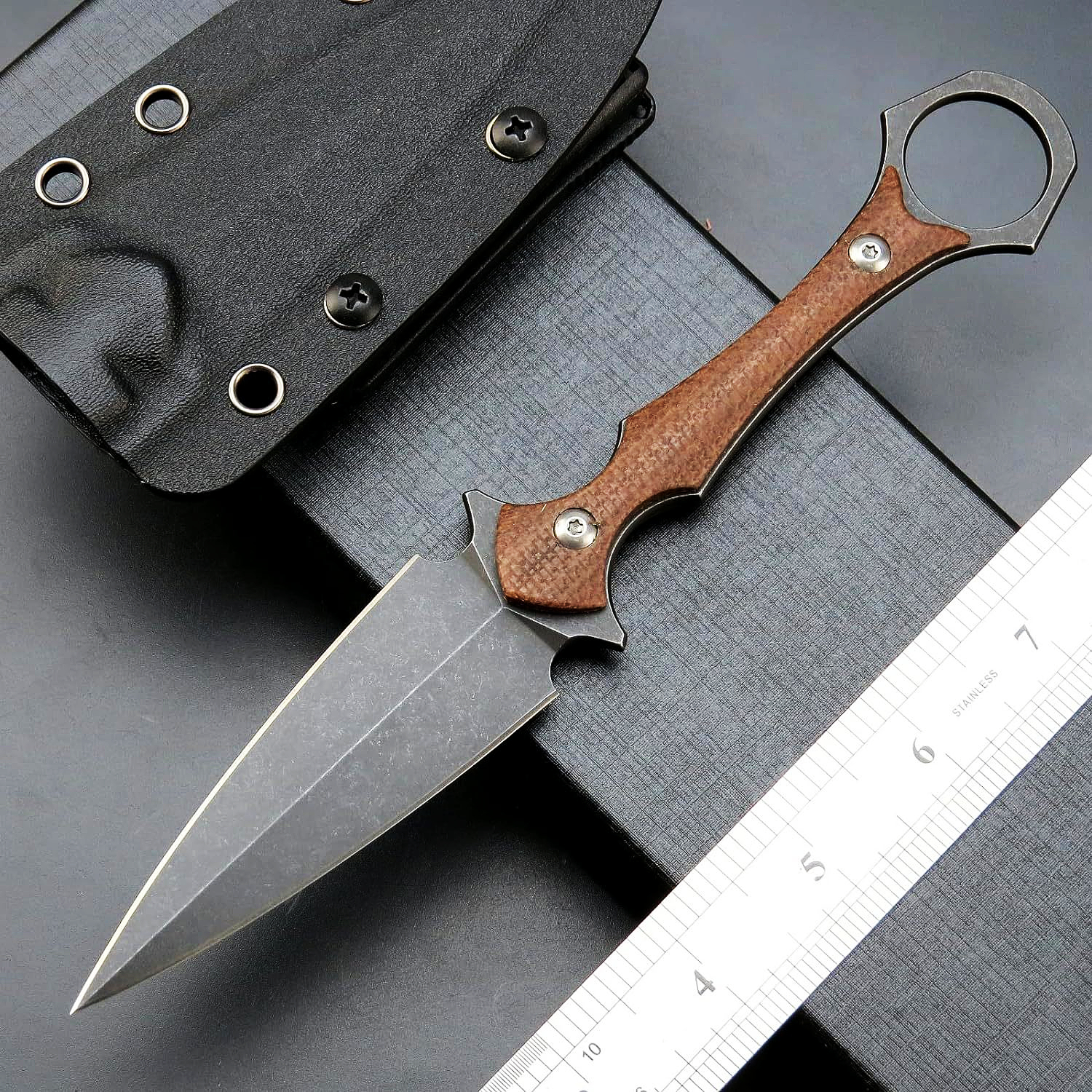 High Quality Survival Straight Knife D2 Black Stone Wash Double Edge Blade Full Tang G10/Micarta Handle Outdoor Camping Tactical Knives with Kydex