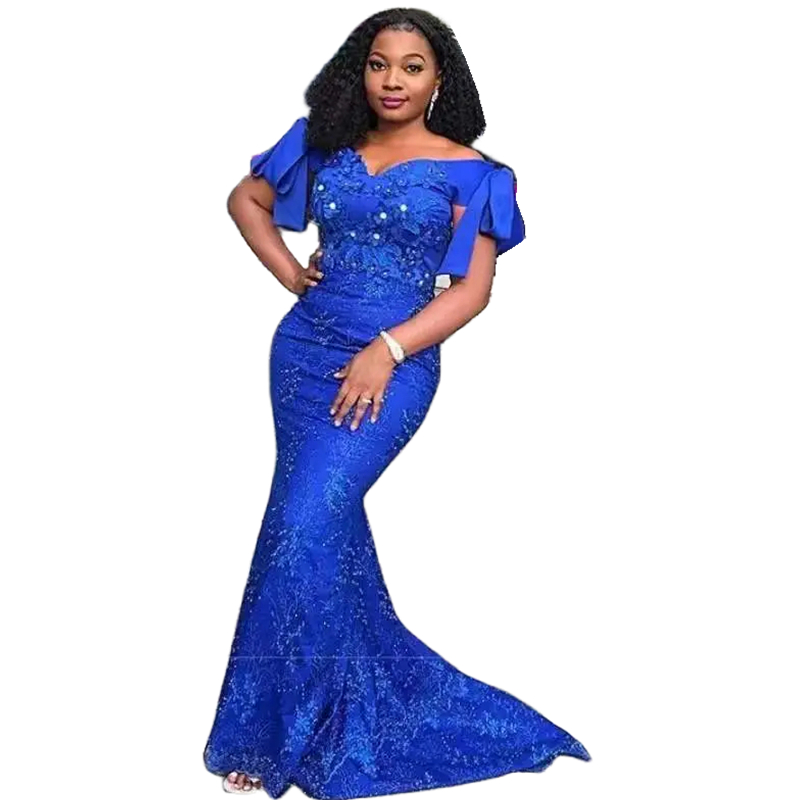 Elegant Royal Blue Lace Mermaid Evening Dresses For Women 2024 Off The Shoulder Long Formal Occasion Gowns Sweep Train Plus Size Prom Dress