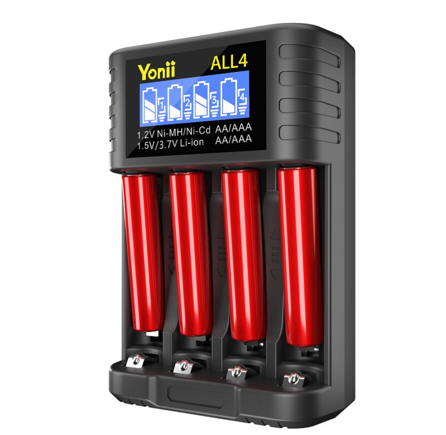 Yonii Chargeur rapide multifonctionnel 1,5 V 1,2 V Chargeur de batterie Li-ion à 4 emplacements avec indicateur LED pour batterie rechargeable AAAAA 1,5 V port type-c