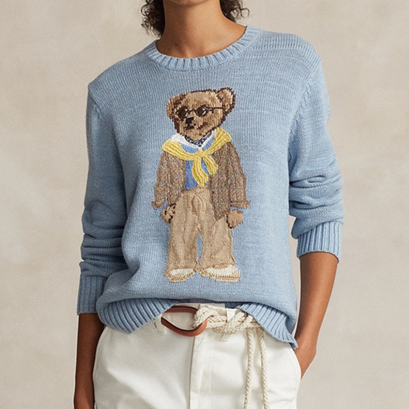 2024 Yeni Kadın Sweaters Karikatür Rl Bear Kadın Kış Giyim Moda Uzun Kollu Örme Külkü% 100 Pamuk Juster Yumuşak Moschino