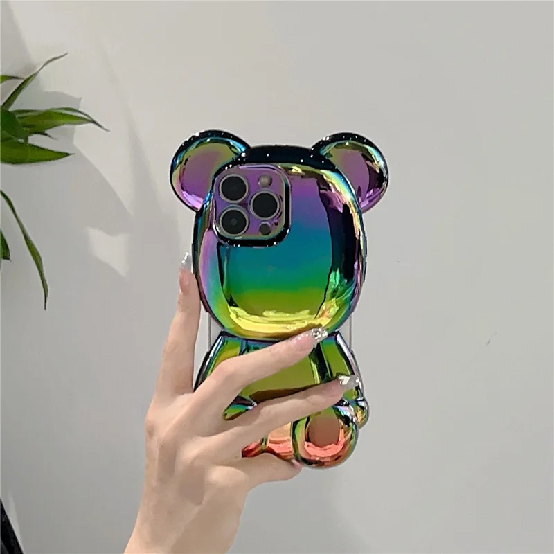 Coque ours 3D en Silicone souple pour iPhone, compatible modèles 15, 14 Pro Max, paillettes, arc-en-ciel, aurore, Laser, 13 Pro, 11, 12 Pro Max, 14