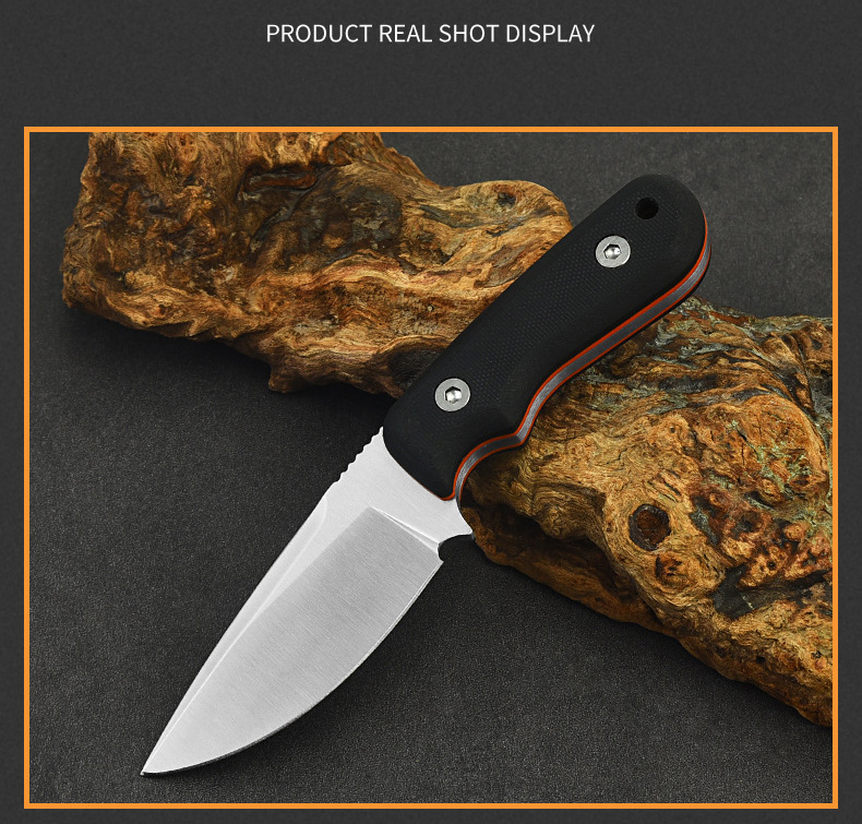 Small Survival Straight Knife D2 Satin Drop Point Blade Full Tang G10 Handle Outdoor Camping Fishing Fixed Blade Knives with Leather Sheath