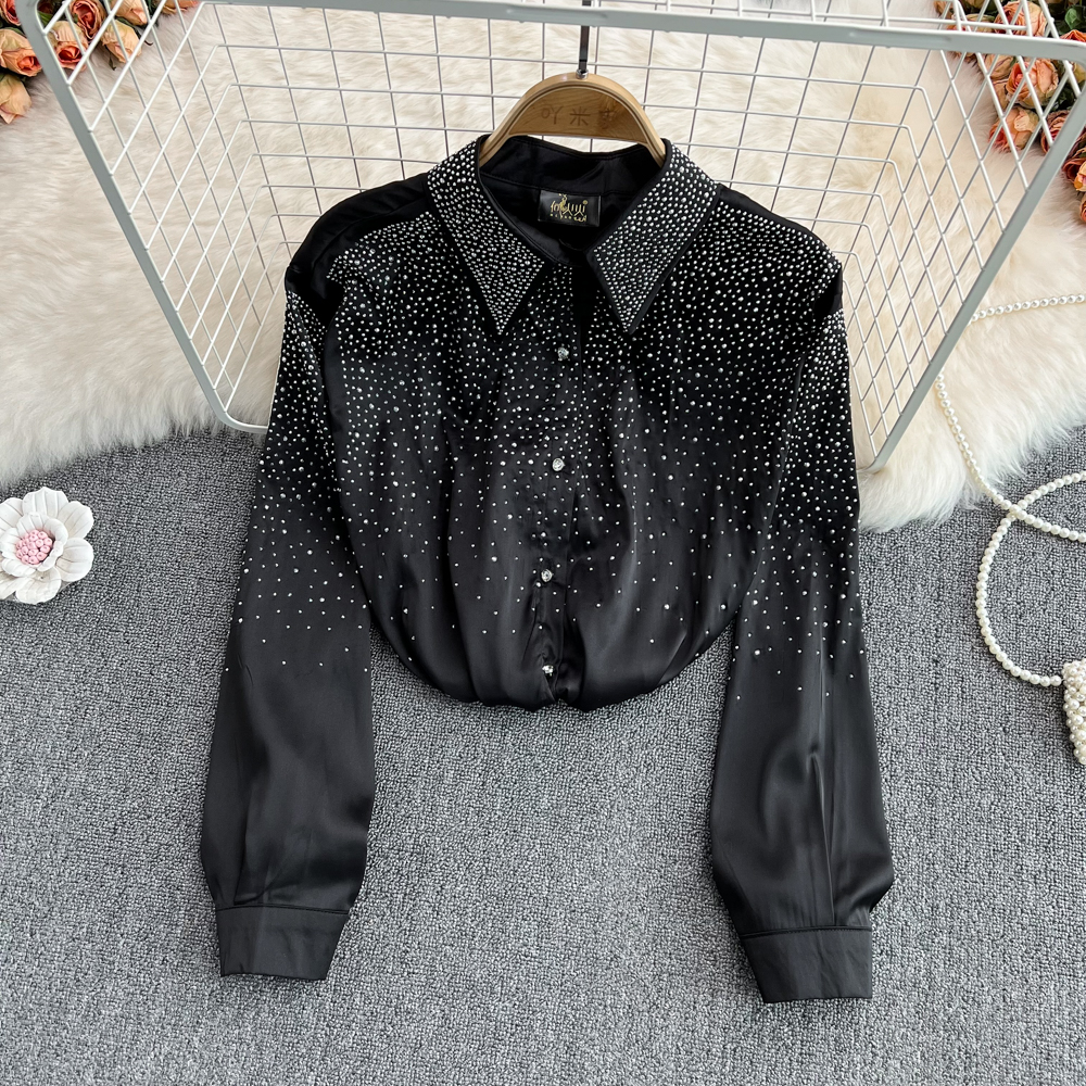 Damesblouse met ronde kraag, glanzende bling en strasssteentjes, lange mouwen