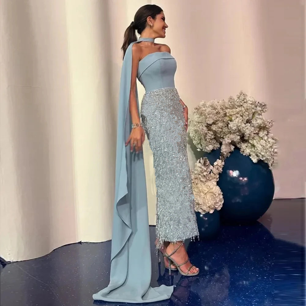 Arabska jasnoniebieska suknia balowa elegancka sukienka wieczorowa z piórami z szalem formalne sukienki Dubajskie Suknie imprezowe łydki