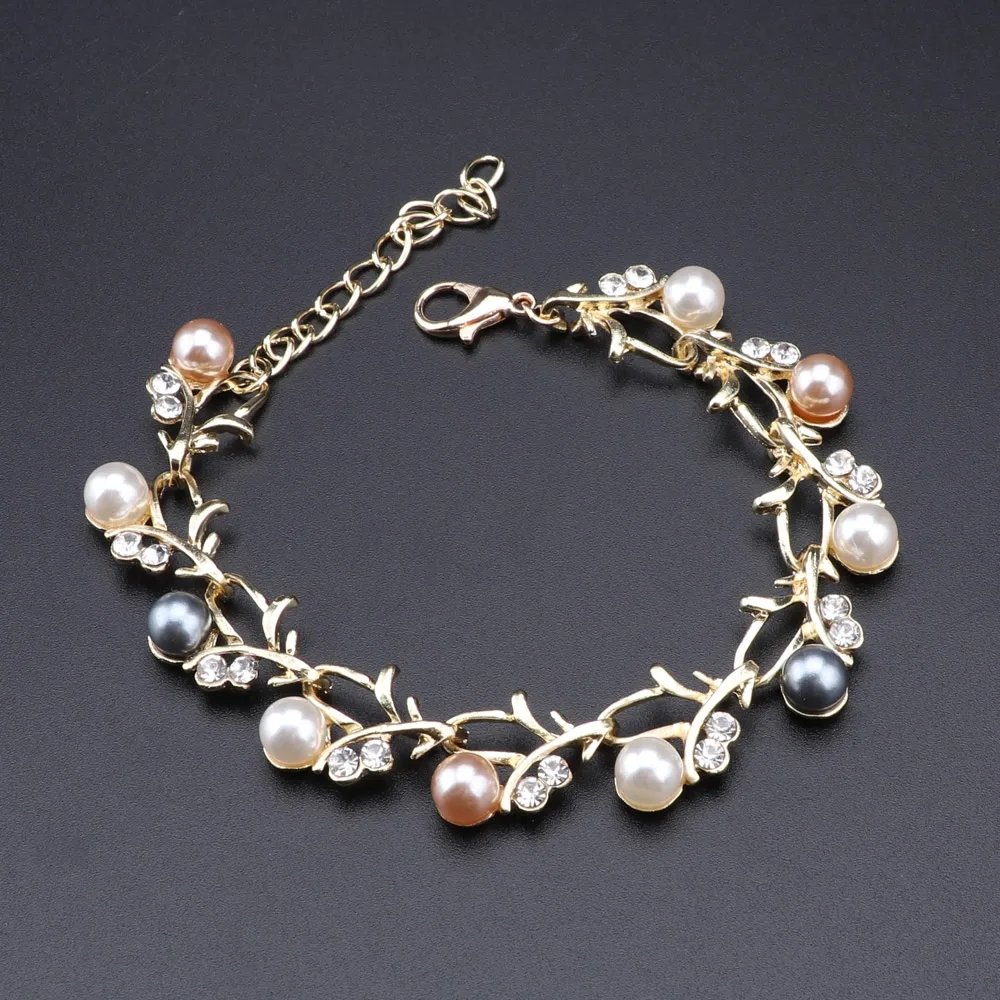Italienische Nachahmung Perle Gold Farbe Kristall Halskette Ohrring Armband Party Braut Zubehör Geschenk Schmuck Sets