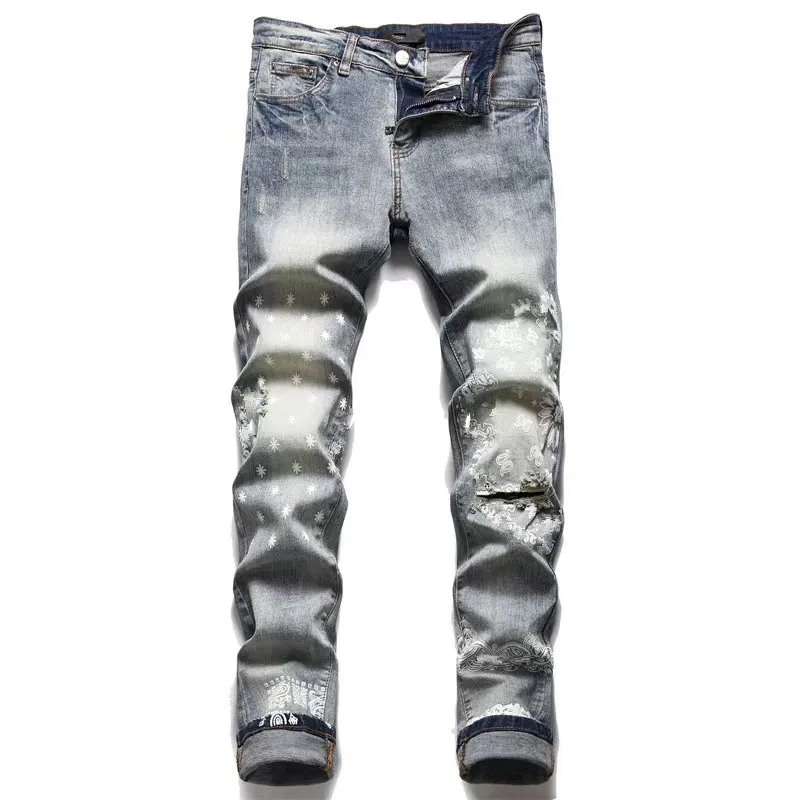 2023 PU AM jeans firmati da uomo jeans da uomo jeans da uomo pantaloni da uomo pantaloni da motociclista ricami strappati tendenza cotone moda jeans da uomo pantaloni neri top