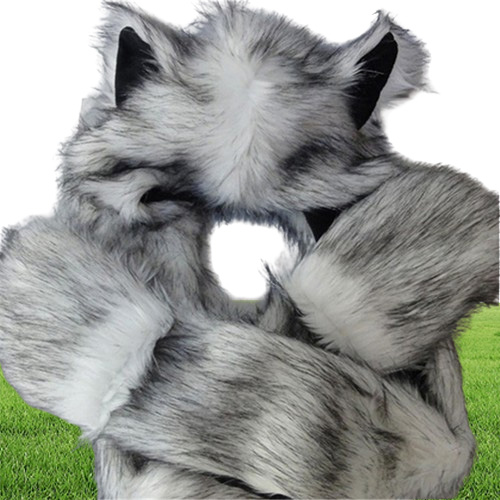 Women Fashion Wolf Ears Paws Faux Fur 3 in 1 Hat Scarf Mittens Winter Warm Cap7306197