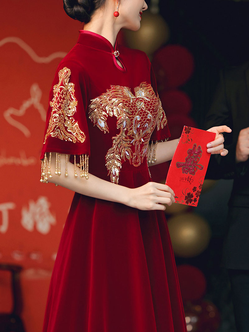 Abito da sposa tradizionale cheongsam cinese in velluto rosso vino da donna, cerimonia del tè cinese, abito da sposa Qipao, abito da festa