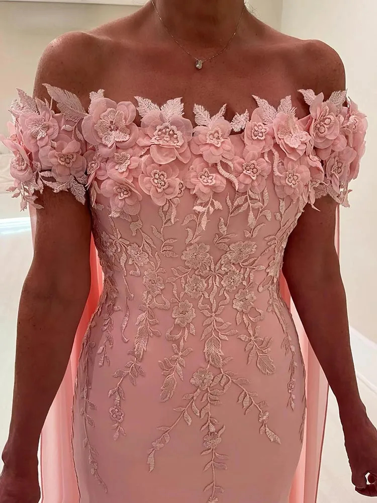 3D Floral Appliques Pink Evening Dresses With Detachable Chiffon Cape Off The Shoulder Long Mermaid Formal Occasion Gowns Gorgeous Prom Dress