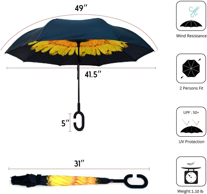 49-Zoll-Regenschirm mit umgedrehtem Kopf, extra großer doppelter Baldachin, belüftet, winddicht, wasserdicht, Stockschirme mit C-förmigem Griff