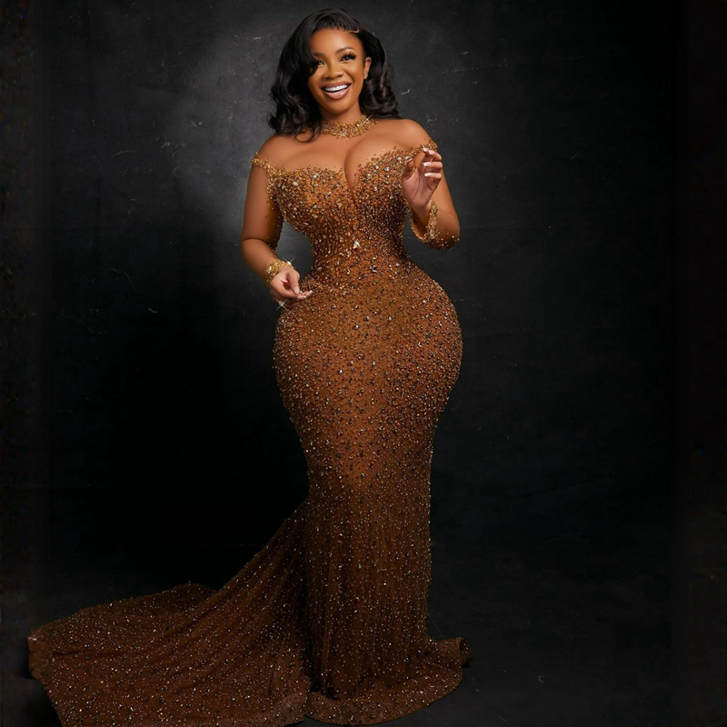 Luxurious Sparkling Aso Ebi Prom Dresses for Special Occasions High Neck Long Sleeves Lace Beaded Elegant Evening Dresses for Black Women Birthday Party Dress NL348