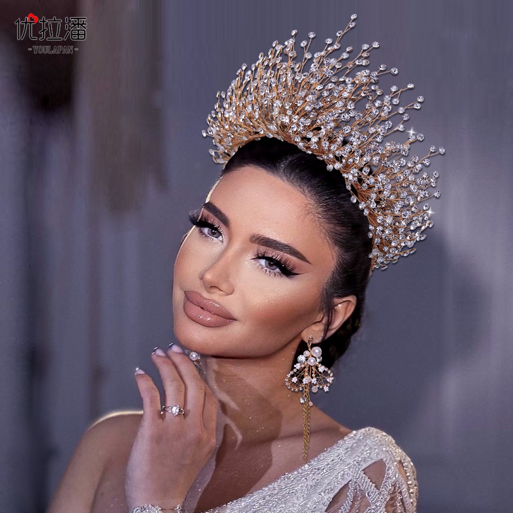 Luxury Dubai Arabic Bridal Headpieces Crowns Sparkly Rhinestone Brides Wedding Hair Accessories Hair Band Women Tiara Queen Prom Jewelry AL7805