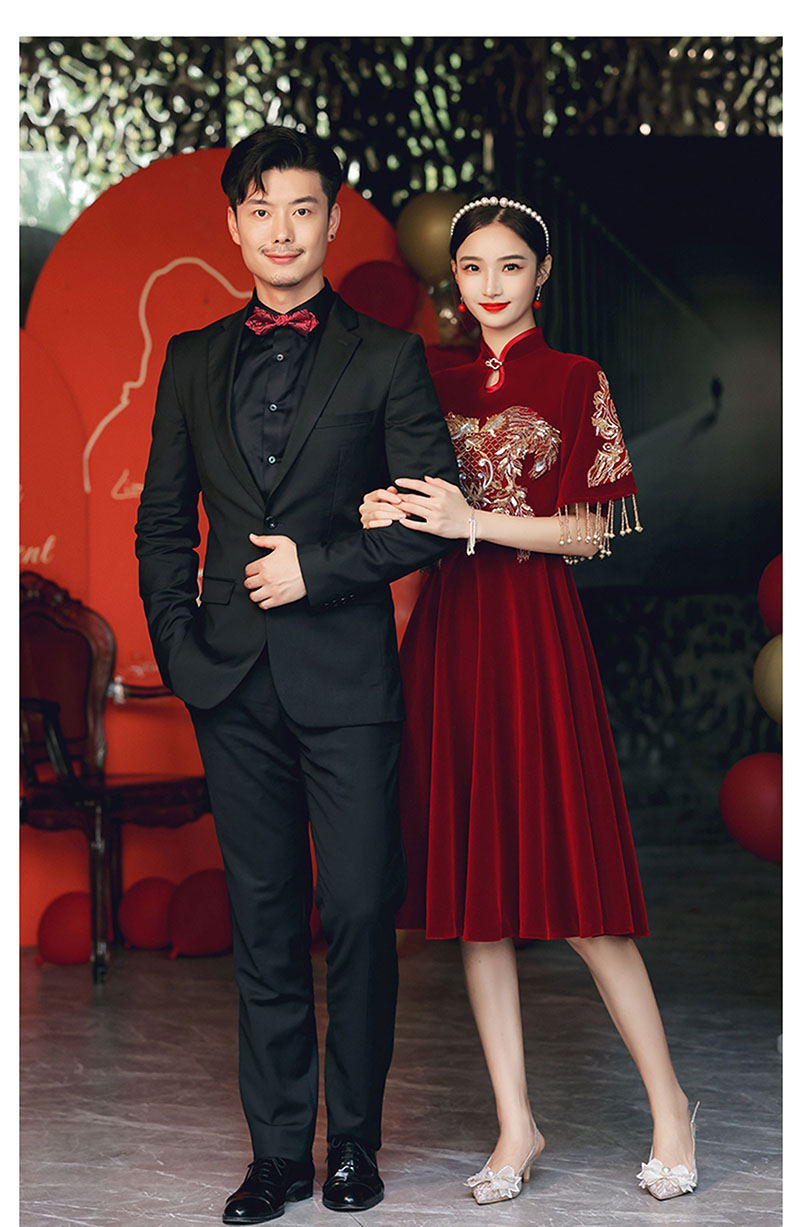 Abito da sposa tradizionale cheongsam cinese in velluto rosso vino da donna, cerimonia del tè cinese, abito da sposa Qipao, abito da festa