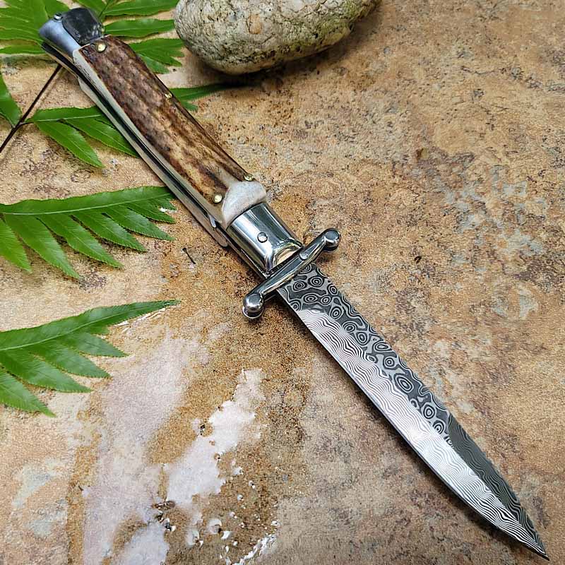 9 Inch Italian Style Stiletto Mafia Single Action Automatic Pocket Knife Damascus Antlers Handle Hunting Self Defense Survival Auto Tactical Knives UT88 UT85 3400