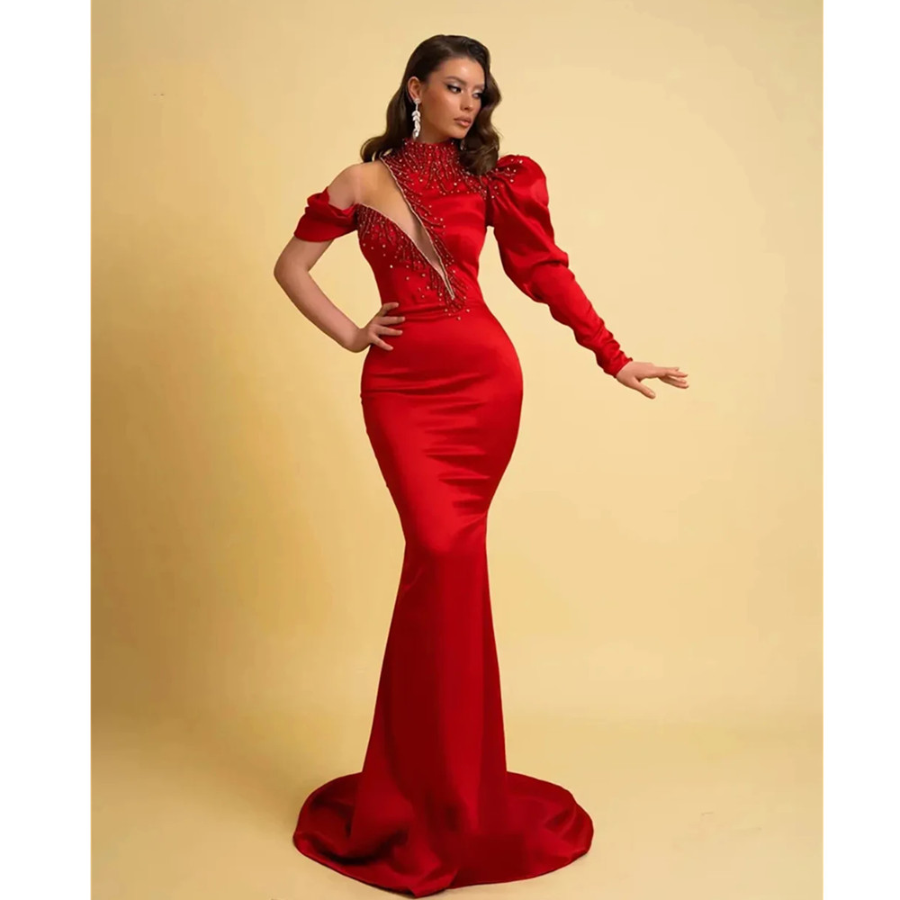 Red sexy One-shoulder Sequin Mermaid Evening Dress Simple cheap prom dress party gowns lace ball dress floor-length formal party dress YD