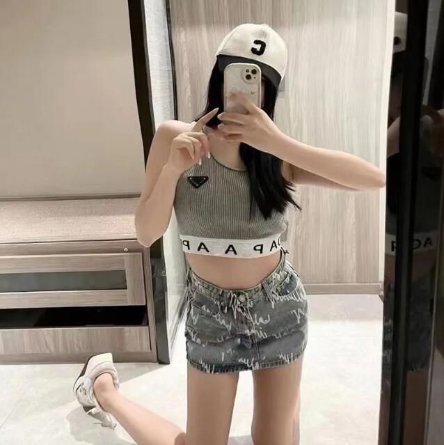 Embroidery Tank Top Summer Short Slim Navel exposed outfit Elastic Sports Knitted Tanks p