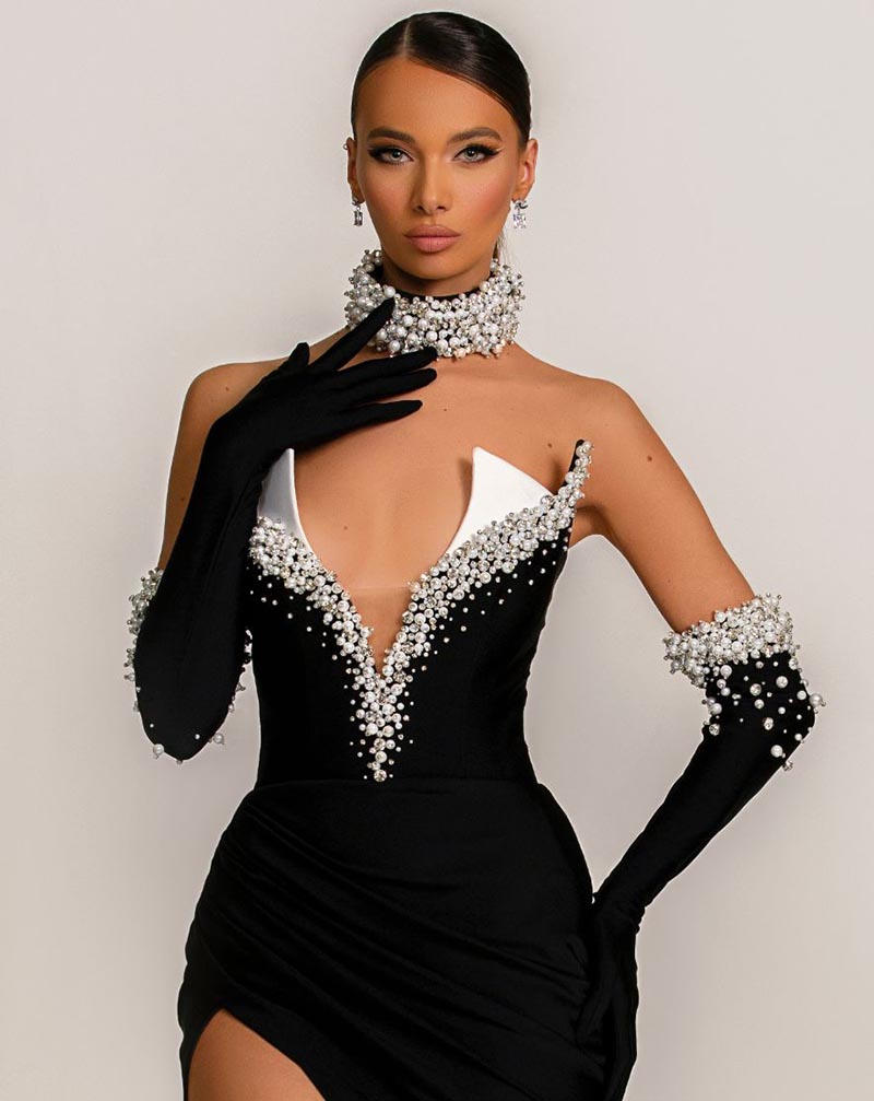 Black Evening Gowns Pearls Beads V Neck Birthday Prom Dress Girls Sequins Special Occasion Dresses Dress No Gloves
