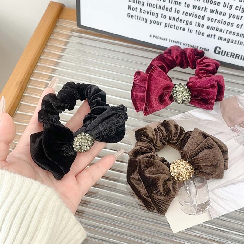 Anel de cabelo de veludo com laço de diamante de alta qualidade, acessórios de cabelo da moda para mulheres, corda de cabeça tendência, faixa de borracha para meninas