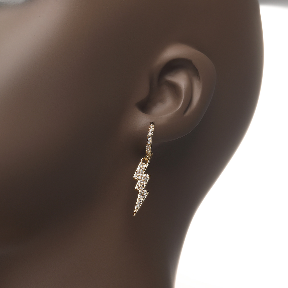 Pendientes colgantes con forma de relámpago de Hip Hop, aretes de aro colgantes de circonita blanca completa, joyería chapada en oro real de 18 quilates