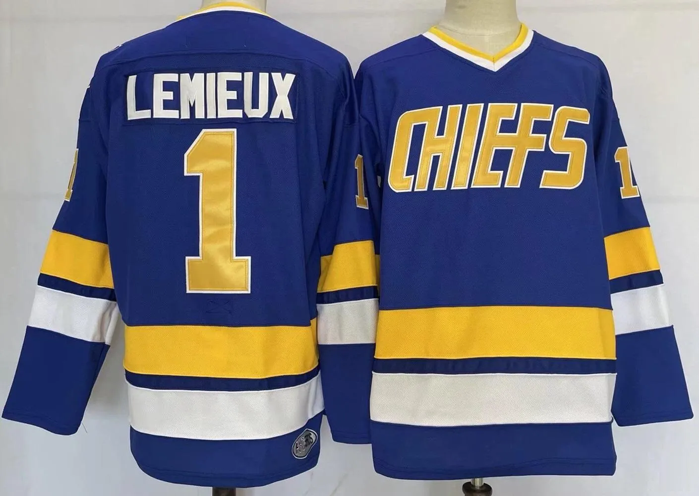 Mens Slap Shot Movie Charlestown  Hockey Jerseys 17 Steve Hanson 18 Jeff Hanson 16 Jack Hanson 1 Denis Lemieux 3 Dave Killer 7 Reggie Dunlo Blue White Shirts S-XXXL