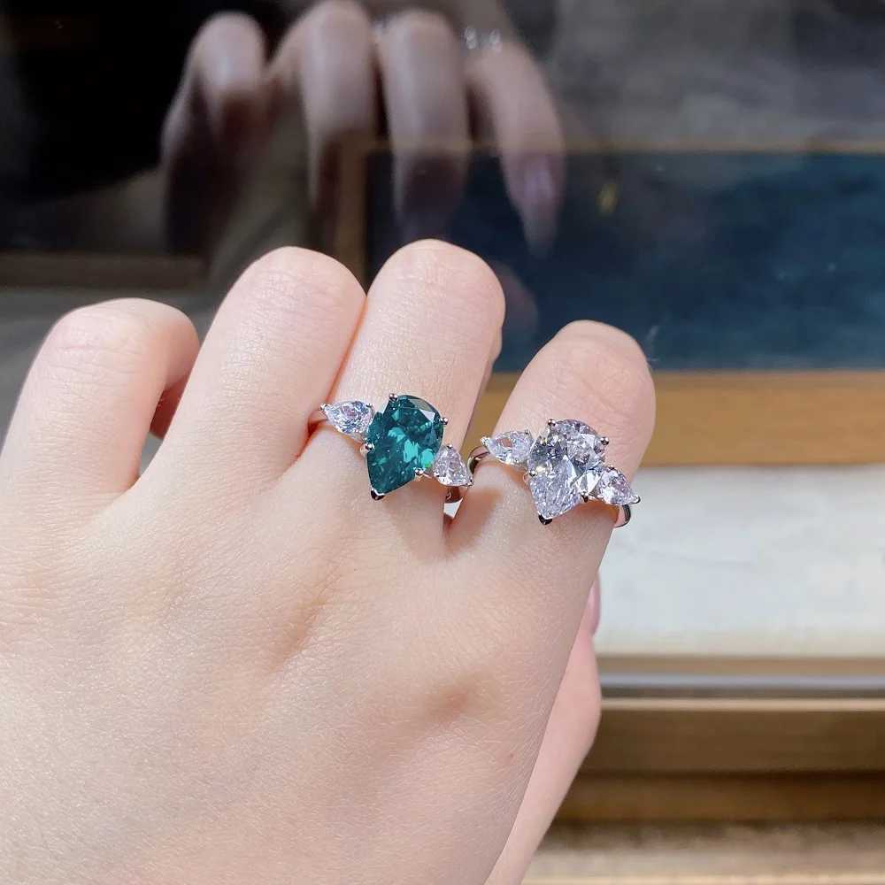 Bandringar Fashion Green Colored Zircon Water Drop Cut Cluster Promise Ring Women's Silver 925 Rings Zircon Rings for Women Free Fraktl240105