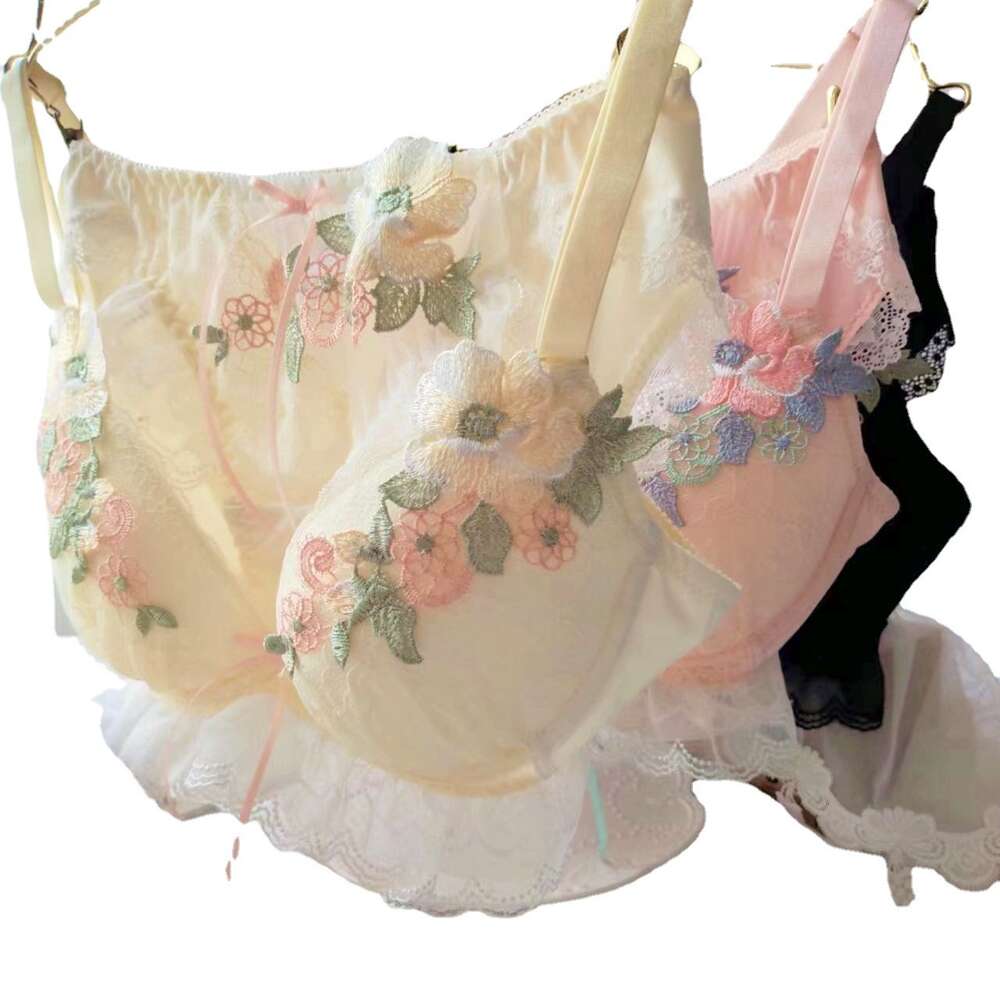 Lingerie de copo fino em V profundo, doce japonês de longo prazo, conjunto de sutiã bordado de flores resistente com copos grandes A-F