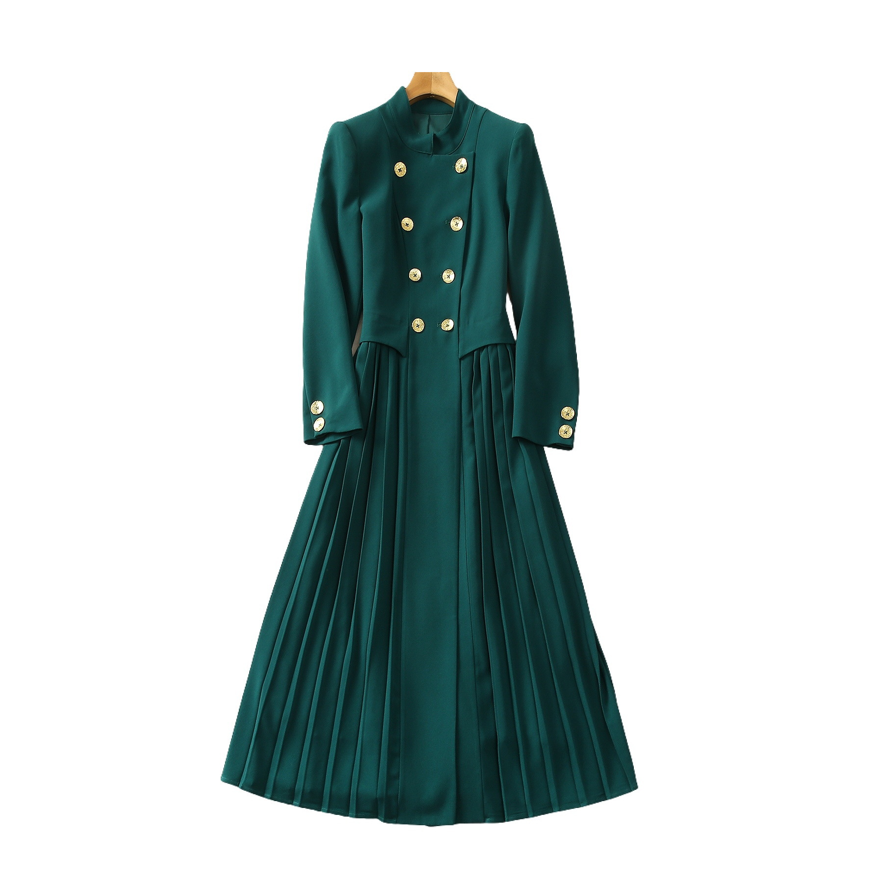 2024 Spring Green Solid Color Pleated Dress Long Sleeve Stand Collar Panelled Double-Breasted Casual Dresses S3D121207