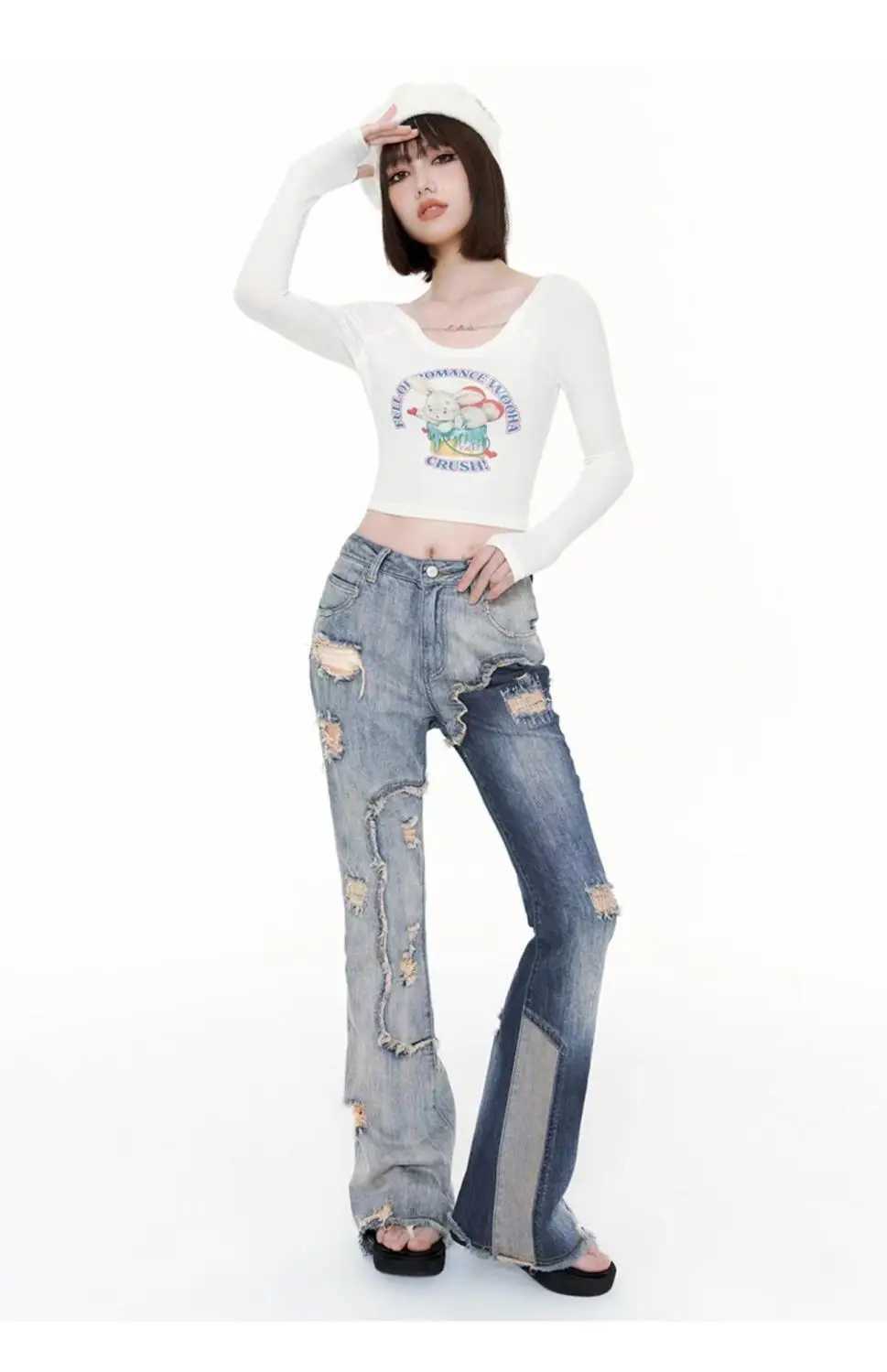 Women's Jeans Hot Bell-bottoms Patchwork Embroidered Khaki Splash-Ink Jeans Women's Spring Autumn High Waist Loose Straight Retro Trousers InsL240105