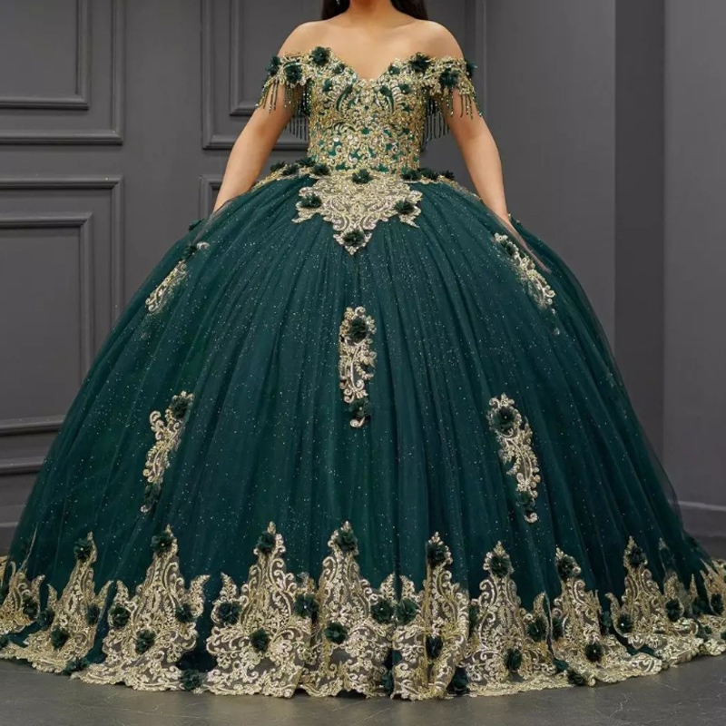 Robes de Quinceanera brillantes vert noirâtre pour douce 15 ans sexy hors de l'épaule robe de bal gonflée dentelle appliques perles robes de princesse