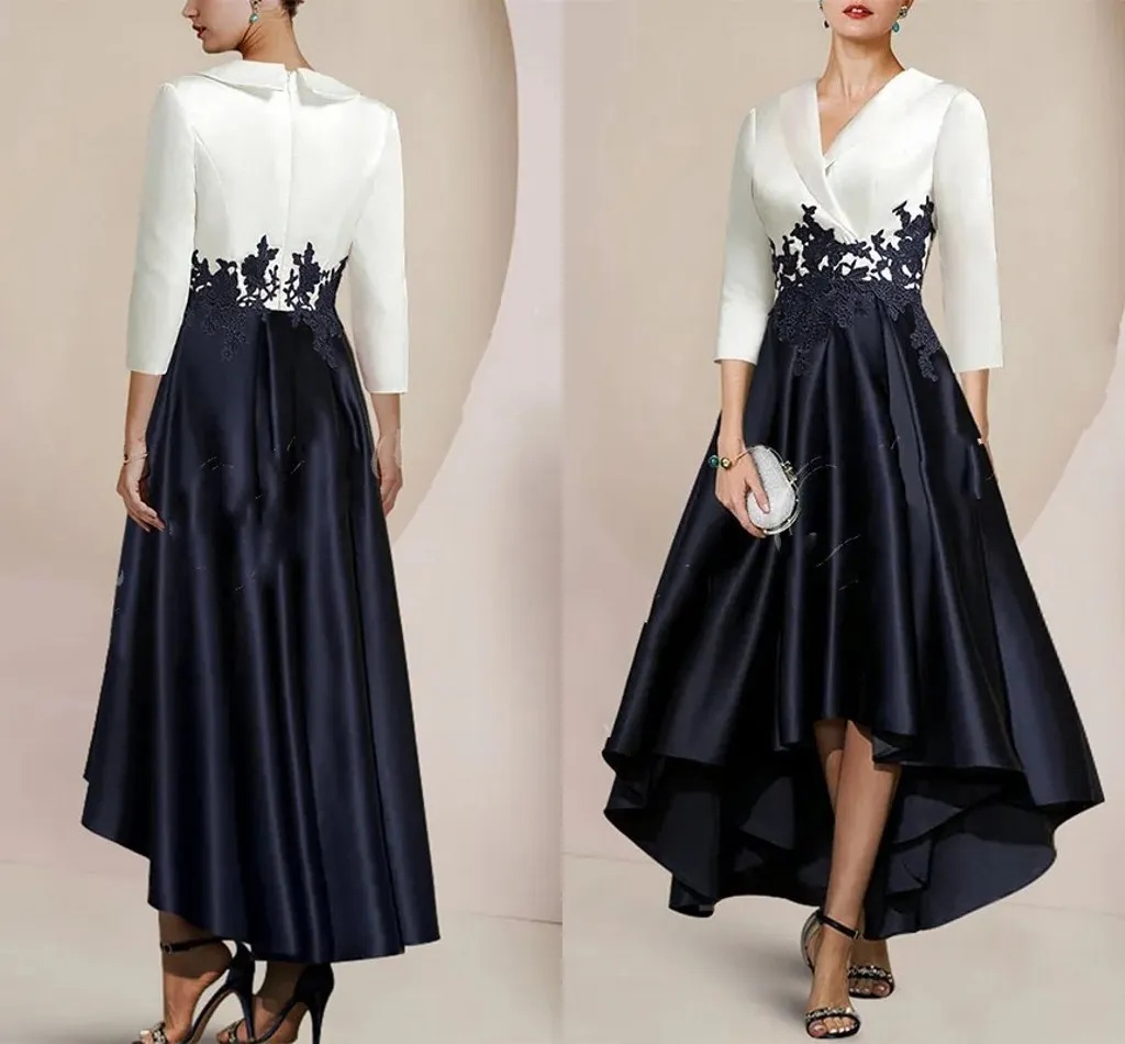 Elegant White Black Mother of the Bride Dress V-Neck 3/4 Sleeves Satin Lace Appliques A-Line Wedding Guest Party Skirt for Women YD