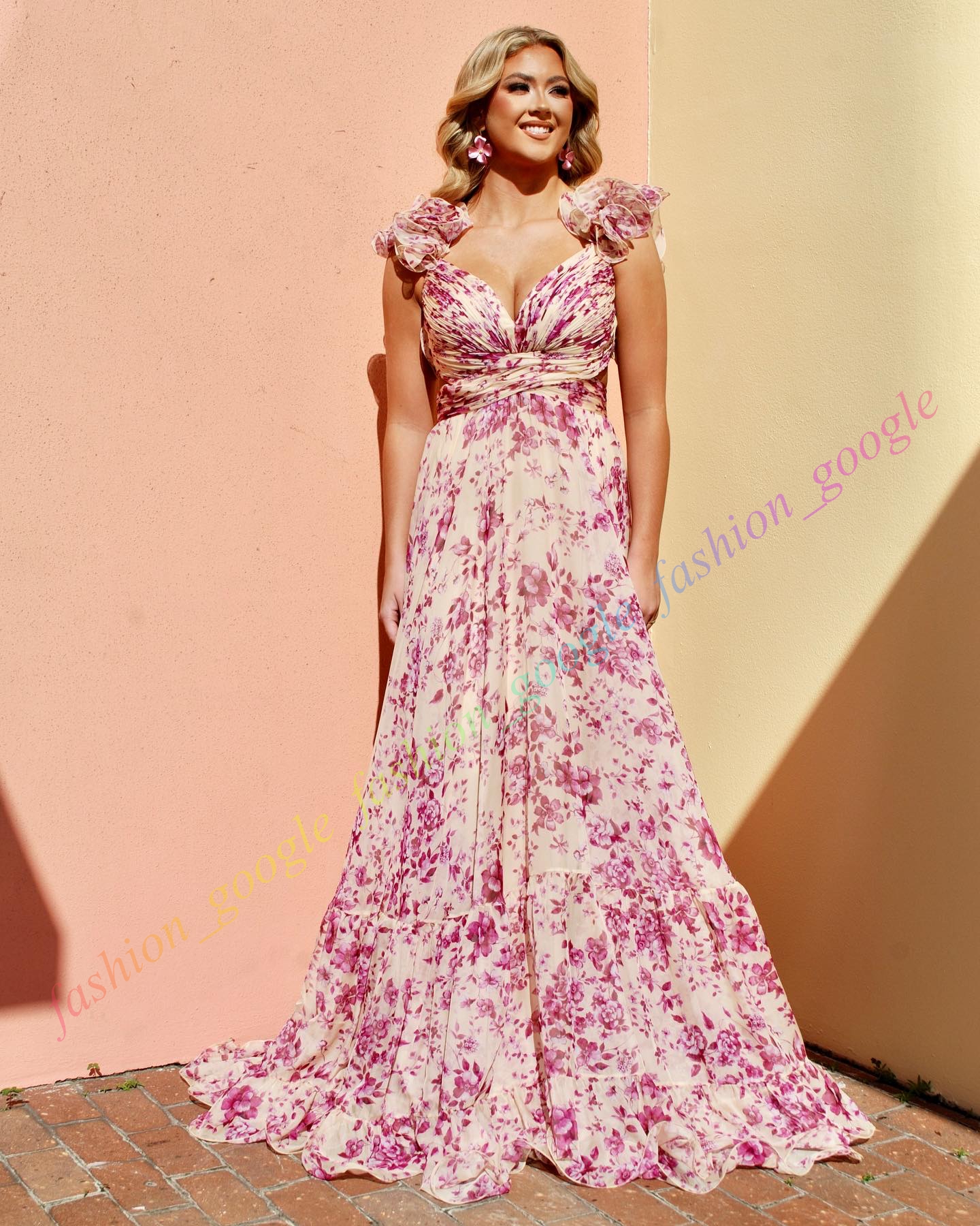 Vestido longo de baile 2k24 com babados, corpete plissado, estampa de chiffon, maxi, concurso formal, júnior, noite, hoco gala, coquetel, tapete vermelho, vestido de empregada, sessão de fotos, amarração