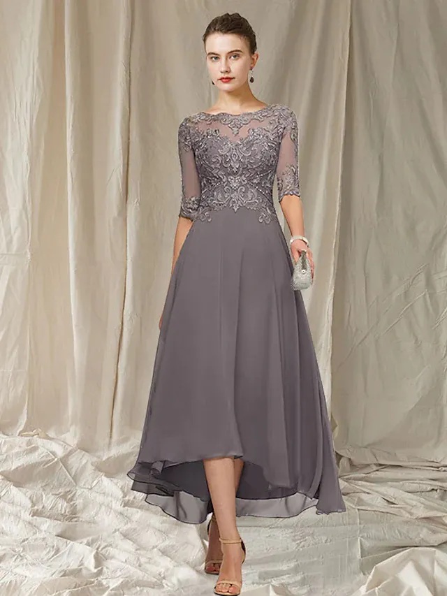 High Low Gray Mother of the Bride Dress 2024 Vintage Jewel Asymmetrical Ankle Length Chiffon Lace Half Sleeves Robe De Soiree Vestidos Fiesta YD