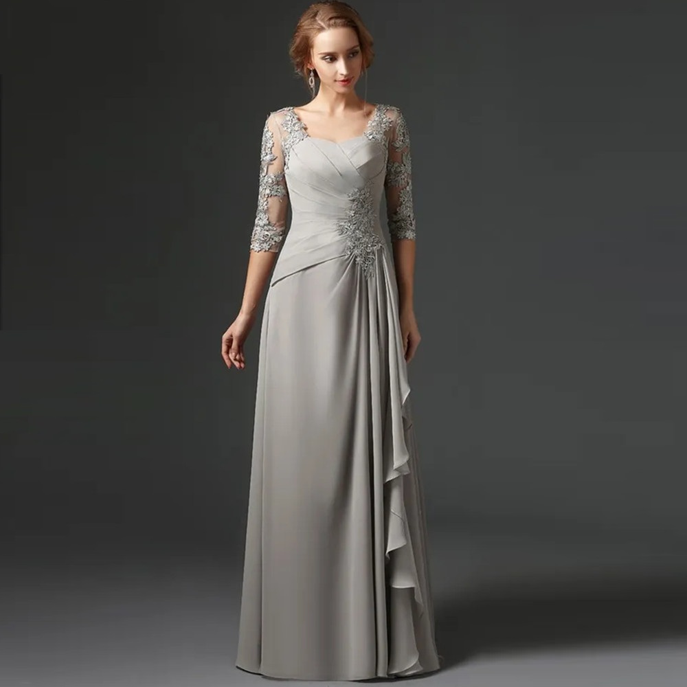 Ny silver 2024 Mor till bruden klänningar a-line halv ärmar chiffong spets plus storlek lång elegant brudgum bröllopsfest klänning yd