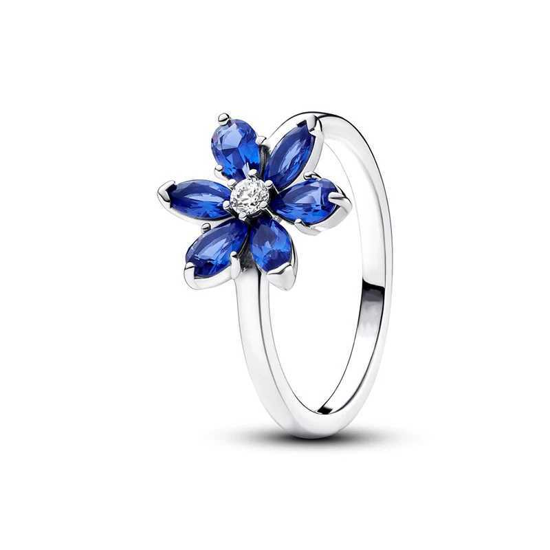 Bandringen 925 Zilveren ring Blue Zirkoon Bloemvorm Spoulling Herbarium Cluster Ring Rij Eeuwigheid Women Pandor Finger Ring Fine JewelryL240105