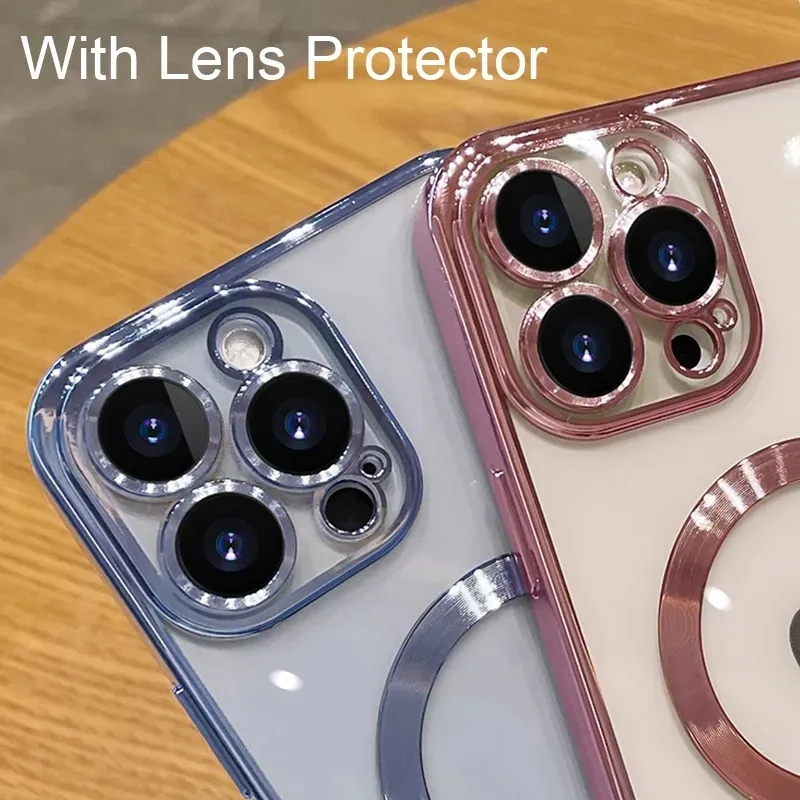 Étuis de téléphone de protection d'objectif d'appareil photo magnétique pour iPhone 15 14 13 12 11 Pro Max Samsung S24 S23 Plus Ultra Clear Placage Soft TPU Cover Case