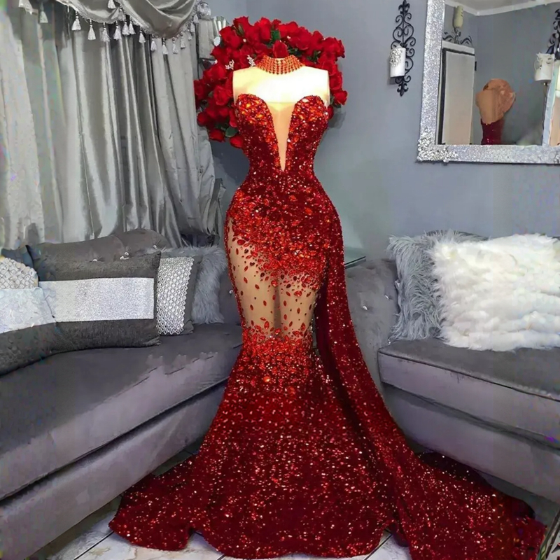 Sprankelende Aso Ebi Galajurken Zeemeermin Strapless Illusie Lovertjes Kant Avond Formele Jurken voor Speciale Gelegenheden Verlovingsjurk Verjaardagsfeestje Jurken NL360