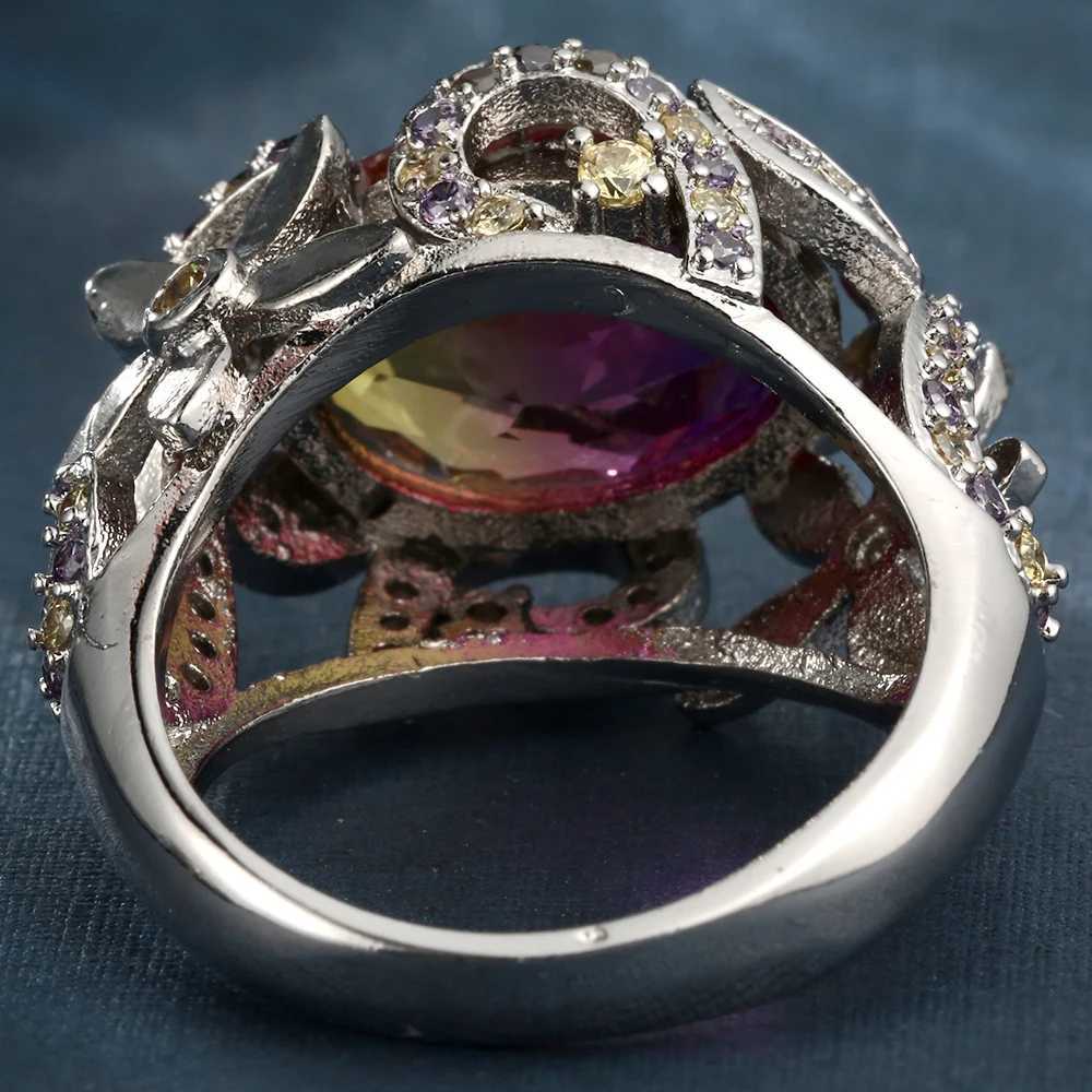 Band Rings Hainon Rainbow Cubic Zirconia Flower Rings Silver Color Cluster-style AAA CZ Ring Luxury Party Engagement Jewelry Size 6-10L240105